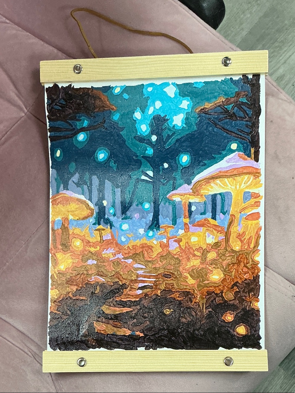 Enchanted Mushroom Forest Wall Art - Blue & Orange 8x10 Completed PBN
